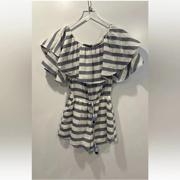 Boston Proper Blue White Stripe Cotton Romper Ruffle Womens‎ Size Small (636) - Picture 1 of 5